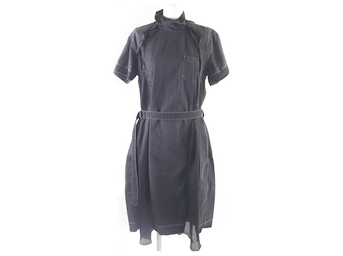 Autre Marque Abito in denim nero in cotone poliestere chiffon Sacai