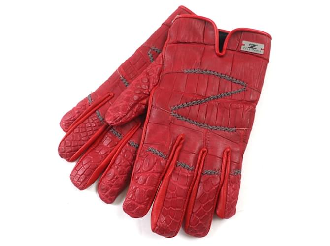 Autre Marque Guanti in pelle di coccodrillo rossi XL