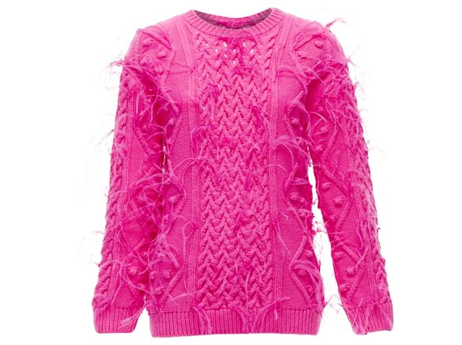 Maglione in lana PP Valentino Garavani con piume e lavorazione a trecce miste. Rosa