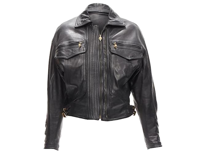 Bomber in pelle bondage con fibbia S&M di Gianni Versace Nero