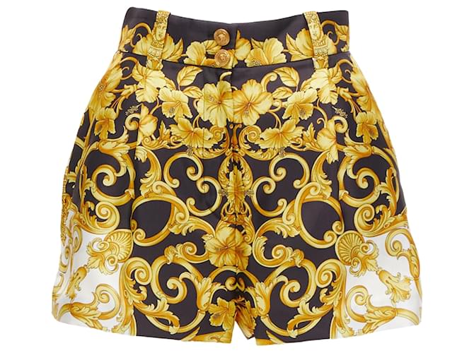 Shorts a vita alta in seta Barocco Hibiscus dell'omaggio Versace D'oro Metallico