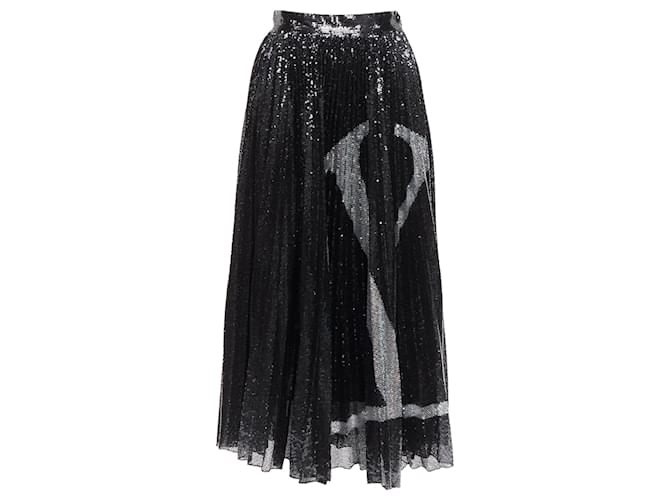 Gonna midi plissettata in plissé decorata con paillettes argento V logo Valentino Garavani Nero