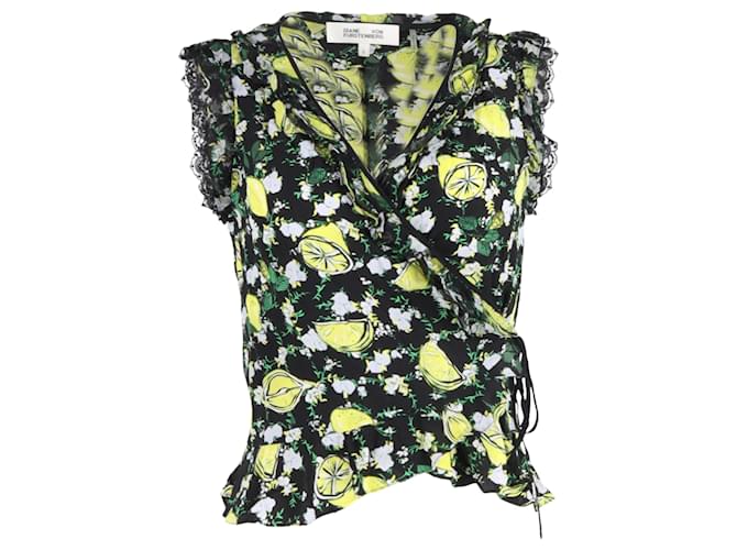 Blusa avvolgente Peona con stampa di limone in seta multicolore di Diane Von Furstenberg
