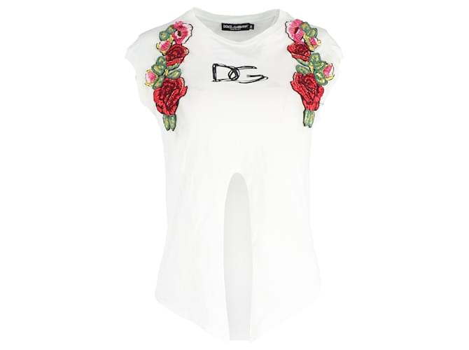 T-shirt in cotone bianco con fiocco frontale decorato con fiori Dolce & Gabbana