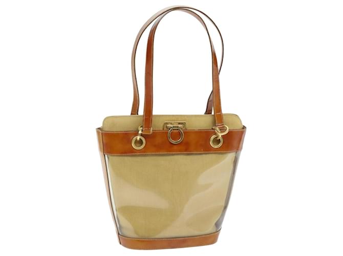 Borsa a Spalla Gancini in Vinile Beige Arancione Auth 89799 di Salvatore Ferragamo