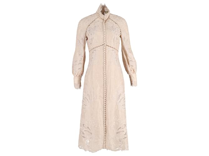Abito midi a maniche lunghe ricamato Zimmermann Super Eight in lino beige