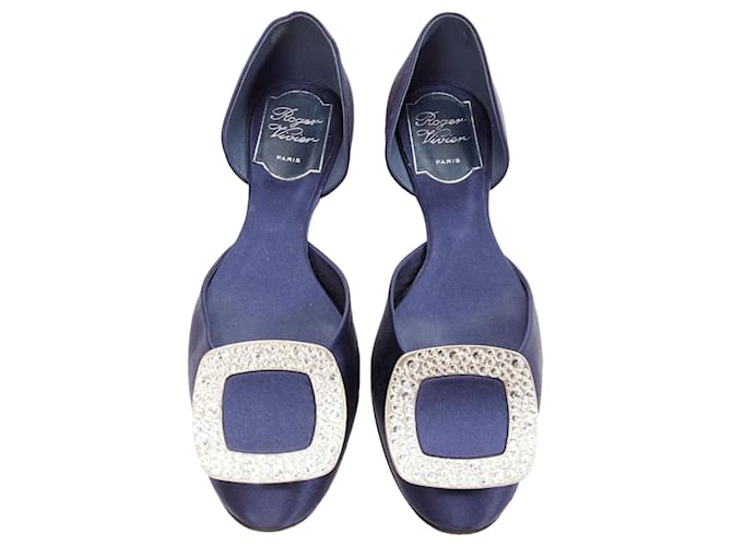 Scarpe flat con fibbie quadrate in satin e cristalli Strass Roger Vivier Blu Blu navy