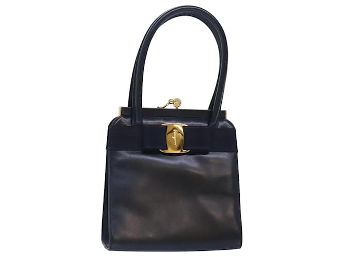 Borsa a mano in pelle Salvatore Ferragamo Vala blu navy oro Auth 93311 D'oro