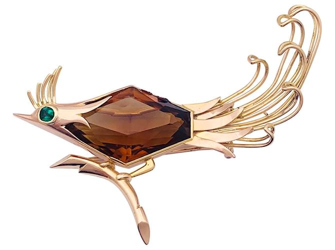 inconnue Spilla vintage, 'Uccello del Paradiso', oro rosa, citrino, smeraldo.