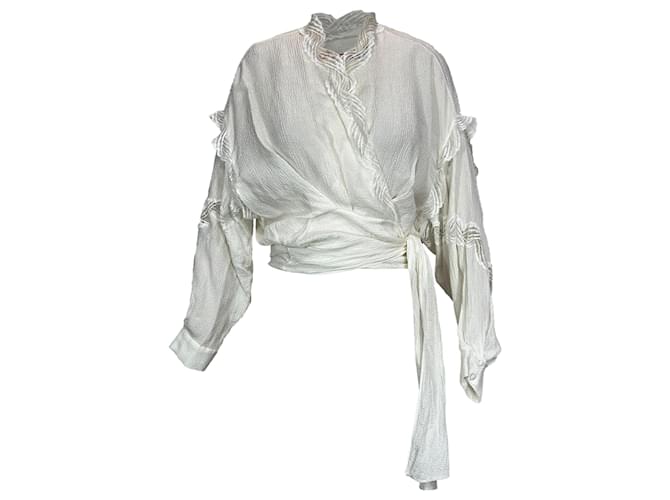 Top avvolgente in satin jacquard con bordo in pizzo Iro Jarl in viscosa bianca Bianco