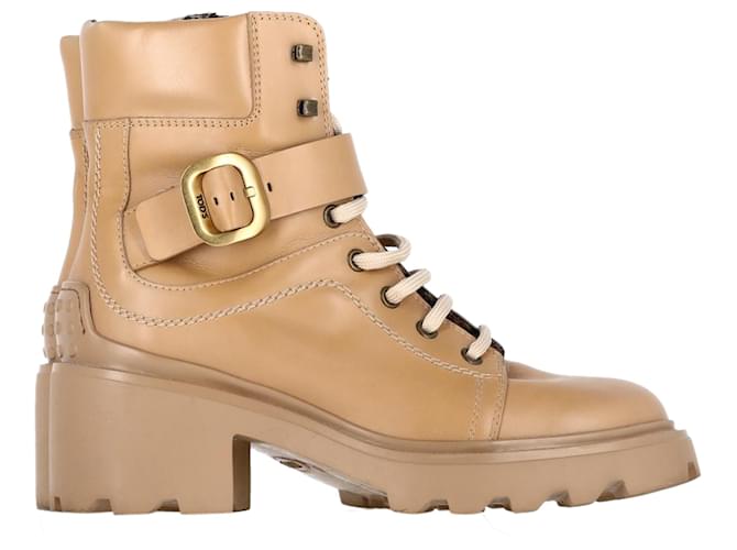 Stivali combat con lacci e tacco con fibbia Tod's in pelle di vitello marrone