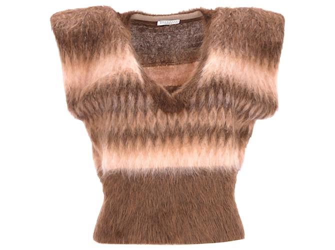 Gilet in mohair marrone con scollo a V Chevron di Brunello Cucinelli