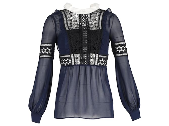 Self portrait Blusa a maniche lunghe in poliestere blu navy con dettaglio in pizzo autoritratto Blu chiaro