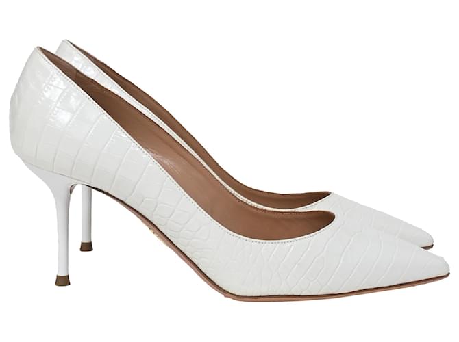 Décolleté a punta in pelle bianca con stampa coccodrillo Aquazzura Bianco