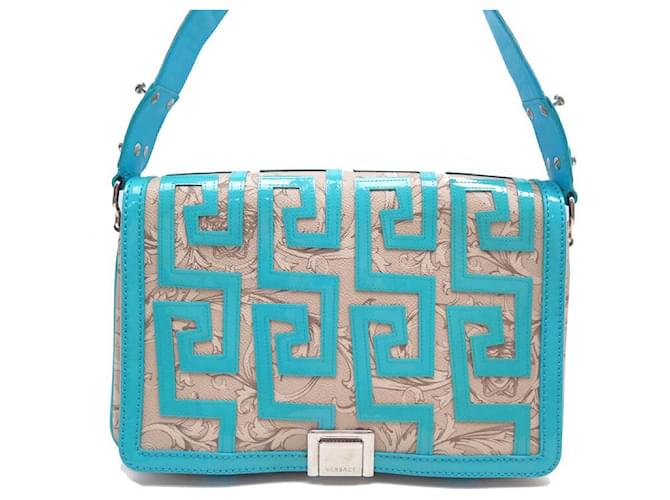 BORSA A MANO VERSACE BORSA A SPALLA 28CM CANVAS E PELLE LUCIDA BLU