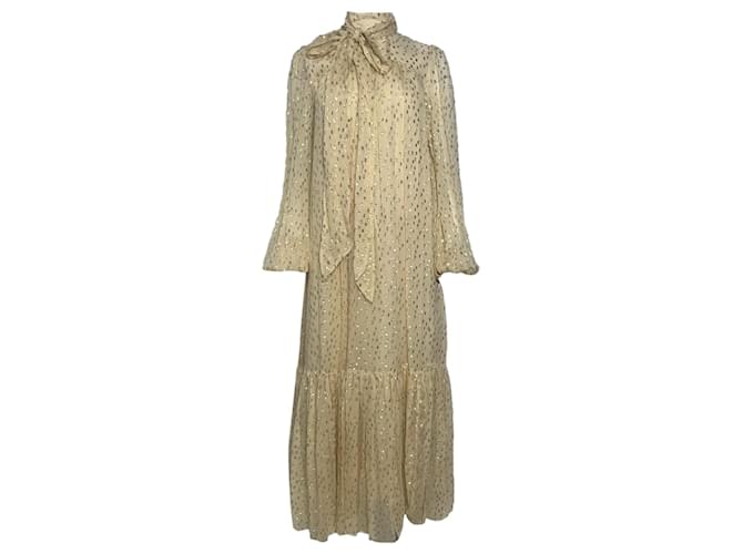 Abito midi in seta avorio a pois Zimmermann con cintura e fiocco al collo Bianco Crudo