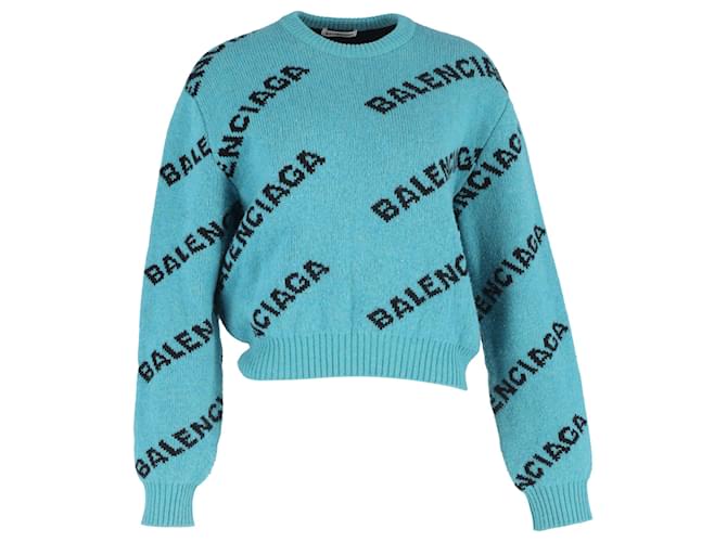Maglione in lana turchese con stampa logo Balenciaga