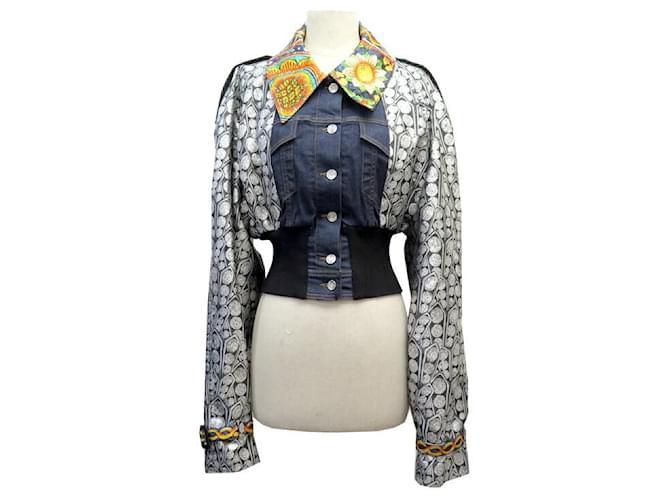 NUOVA GIACCA DOLCE & GABBANA 40 IT 36 S DENIM MANICHE A VOLANT SETA BLOUSON Multicolore