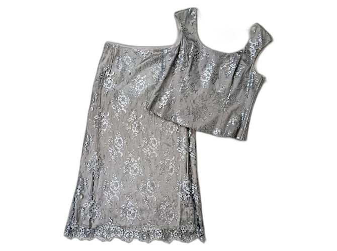 Vestito in seta e pizzo elegante grigio perla Escada 1990s Argento