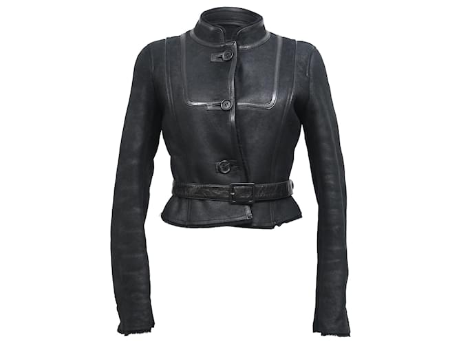 Céline Giacca Celine con cintura e colletto alla mandarino in pelle nera Nero