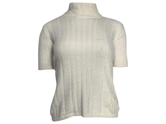 Top a collo alto in maglia a maniche corte Valentino Garavani in lana avorio Bianco Crudo