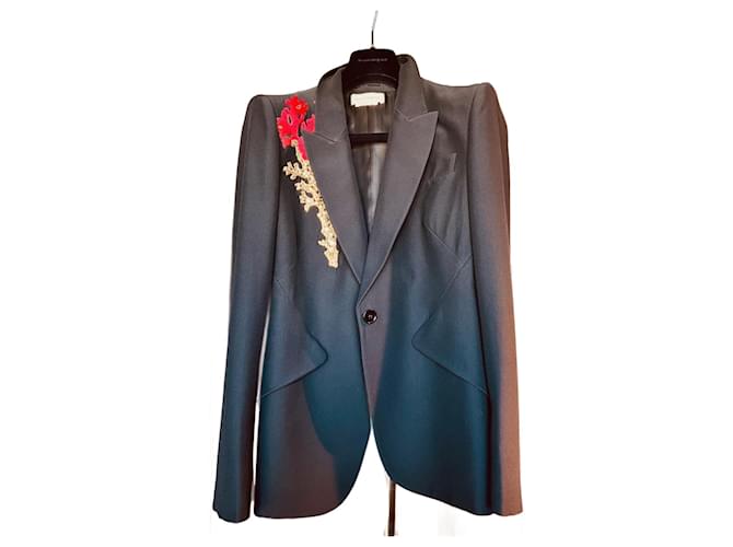 Alexander Mcqueen Blazer in viscosa nera decorato con corallo a un bottone Nero