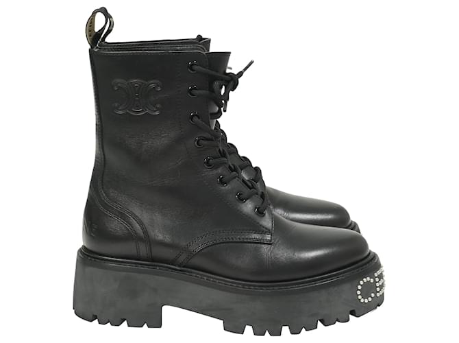 Edge Céline Stivali da combattimento in pelle nera con logo Celine Nero