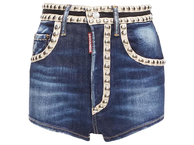 Hot pants in denim lavato con borchie a cupola argentate Dsquared2 Blu