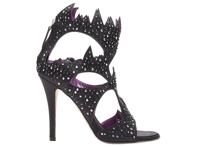 Sandali con tacco a taglio in pelle satinata con cristalli Giuseppe Zanotti Nero