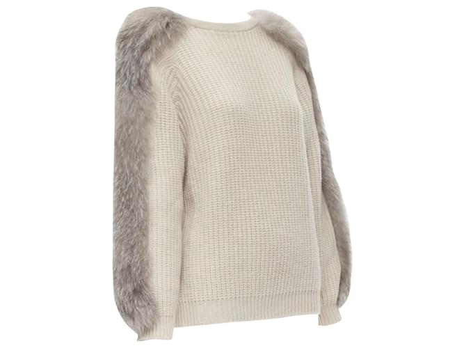 Maglione in cashmere con maniche in pelliccia a lavorazione waffle Brunello Cucinelli Marrone Beige