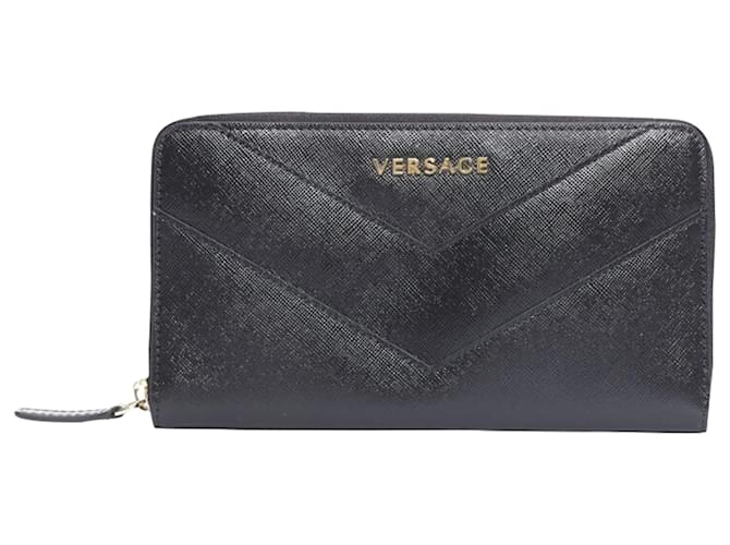 Portafoglio continentale in pelle saffiano con logo ricamato Versace Nero