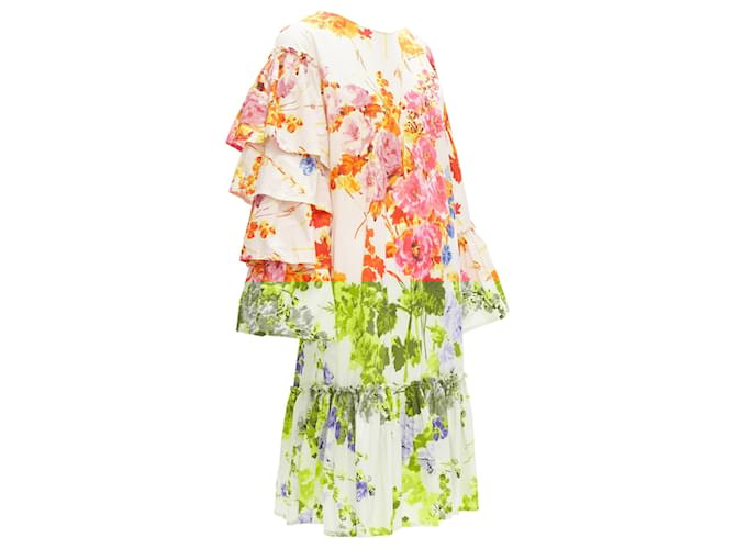 Abito midi con volant e maniche a cravatta floreali colorate di Dries Van Noten Bianco Crudo