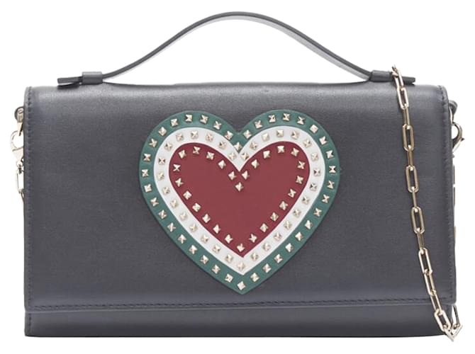 Clutch in pelle Rockstud a forma di cuore con catena Valentino Garavani Nero