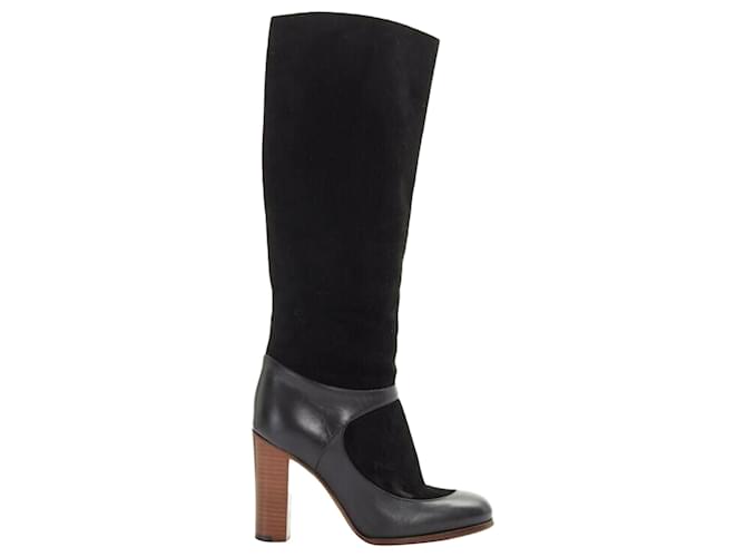 Céline Stivale alto con tacco in legno chunky e cinturino alla caviglia in suede Celine Philo Nero