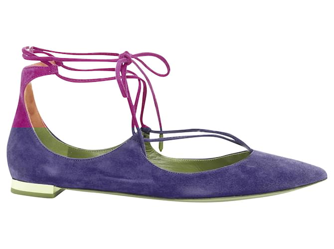 Aquazzura Belgravia Camoscio Pelle Punta Lacci Tacco Oro Bassi Porpora