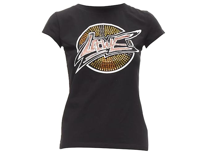 T-shirt in cotone misto con logo in cristallo rosso glitter Loewe Nero
