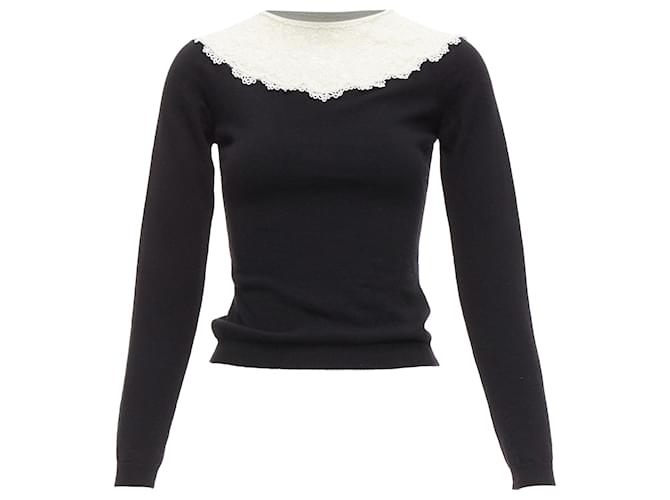 Valentino Garavani Maglione corto in cashmere e lana vergine con colletto in pizzo con perline Valentino Bianco Crudo