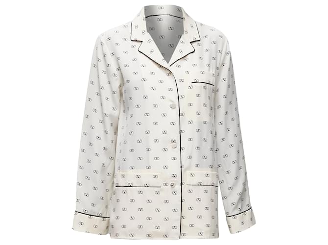 Valentino Garavani Camicia da pigiama con colletto e piping V Logo in seta Valentino Bianco Crudo