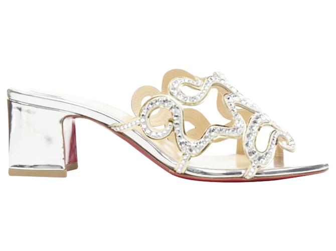 Mule con tacco medio strappy in cristallo argento Octostrass di Christian Louboutin Metallico