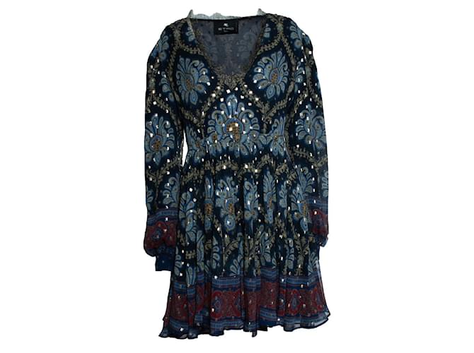 Etro, minidress in seta jacquard con maniche a palloncino in blu