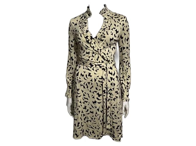 Diane Von Furstenberg Abito avvolgente in seta vintage Volante di DvF Nero Giallo