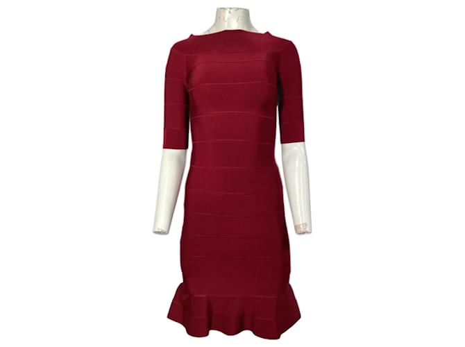 Abito svasato con scollo a barca Herve Leger in rayon rosso