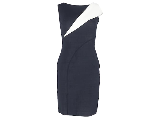 Abito a matita piegato a doppio strato Oscar de la Renta in lana blu navy