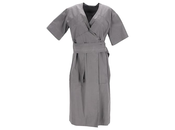Céline Abito midi con cintura e scollo a V con tasche in cotone grigio