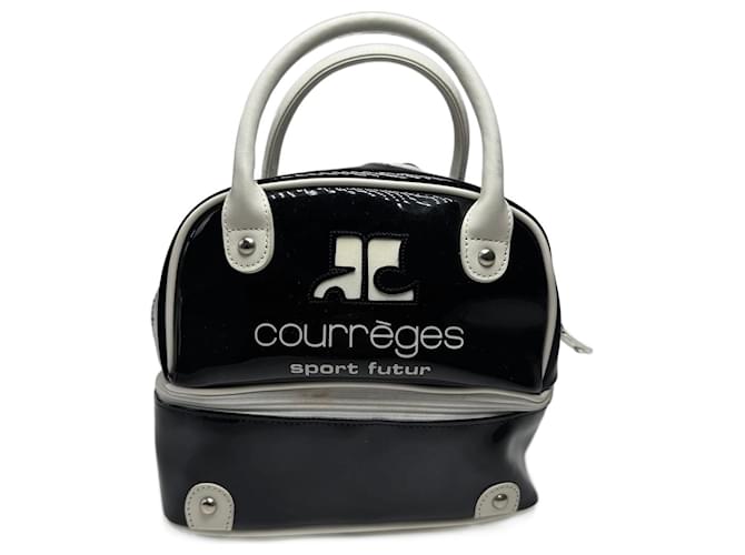 Borsa in pelle verniciata vintage Courreges Paris nera e bianca Nero
