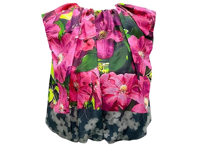 Top senza maniche in seta floreale Harada multicolore fucsia di Dries van Noten Rosa