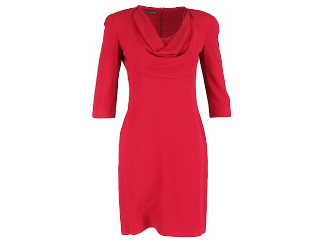 Abito in lana rossa con maniche 3/4 e collo drappeggiato, lunghezza al ginocchio di Alexander McQueen Rosso