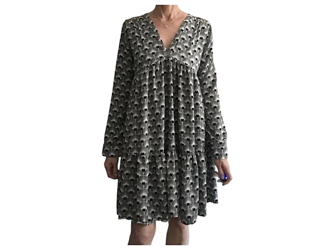 Autre Marque Abito Fluido Nero Bianco Sporco Stampato - Genesis. Taglia 36-38-40