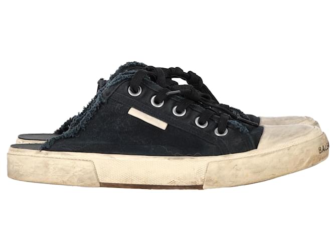 Sneakers aperte sul retro in cotone nero Balenciaga Paris usurate