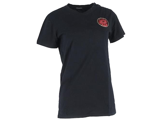 T-shirt in cotone nero con patch ricamato Balmain